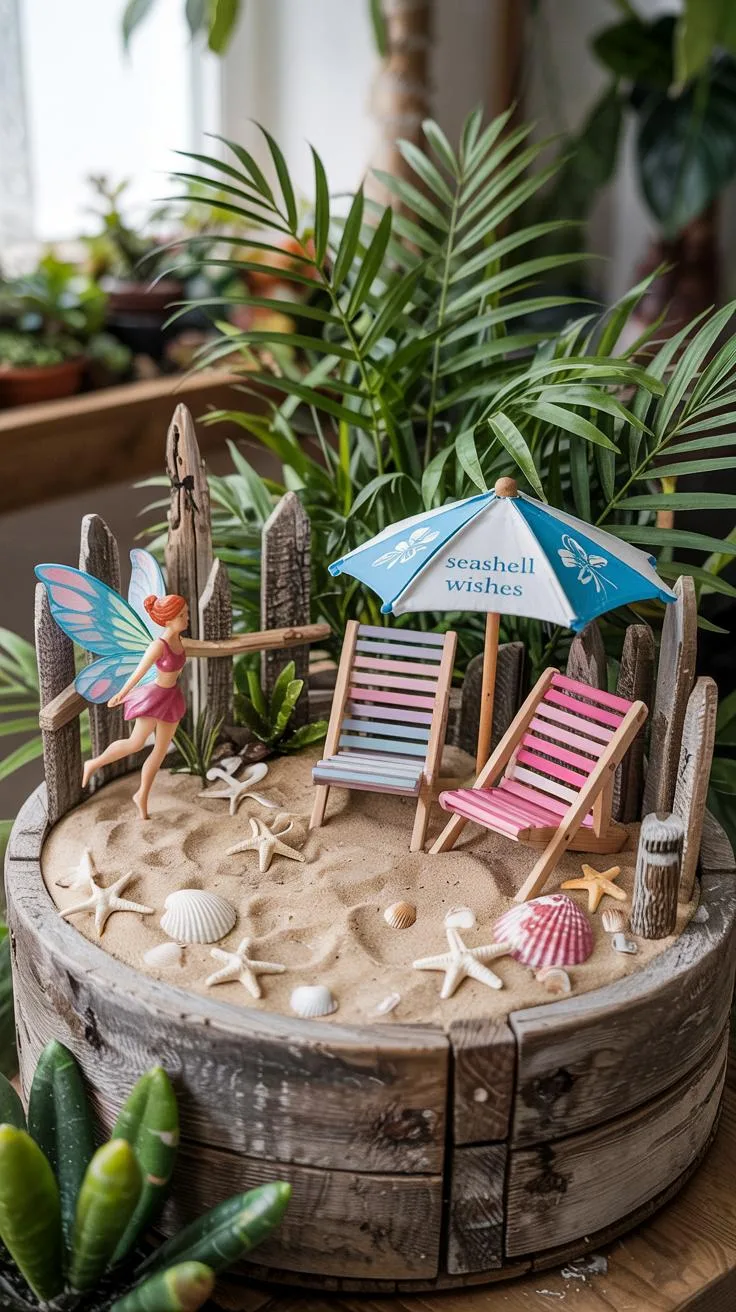 15. Beach-themed fairy garden with shells and mini chairs-0