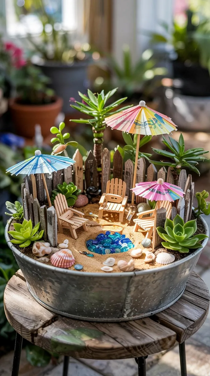 15. Beach-themed fairy garden with shells and mini chairs-2