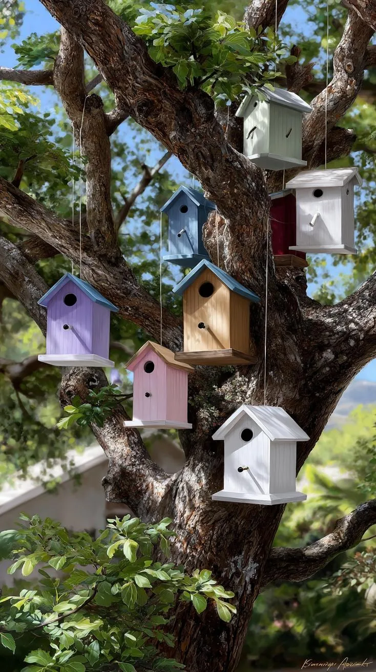 10. Birdhouse cluster hanging from tree branches-1