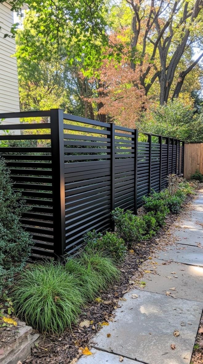 35 Unique Privacy Fence Ideas for a More Private Backyard 12 4. Black horizontal slat fence with minimalist lighting-0