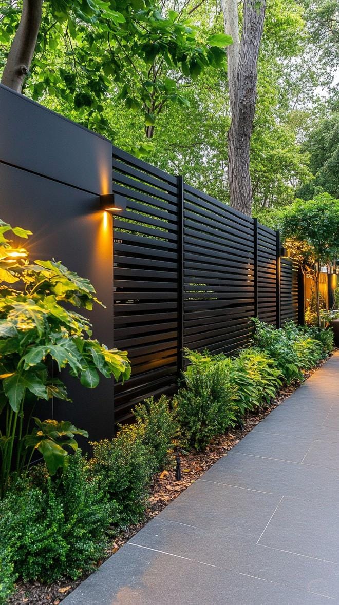 35 Unique Privacy Fence Ideas for a More Private Backyard 13 4. Black horizontal slat fence with minimalist lighting-1