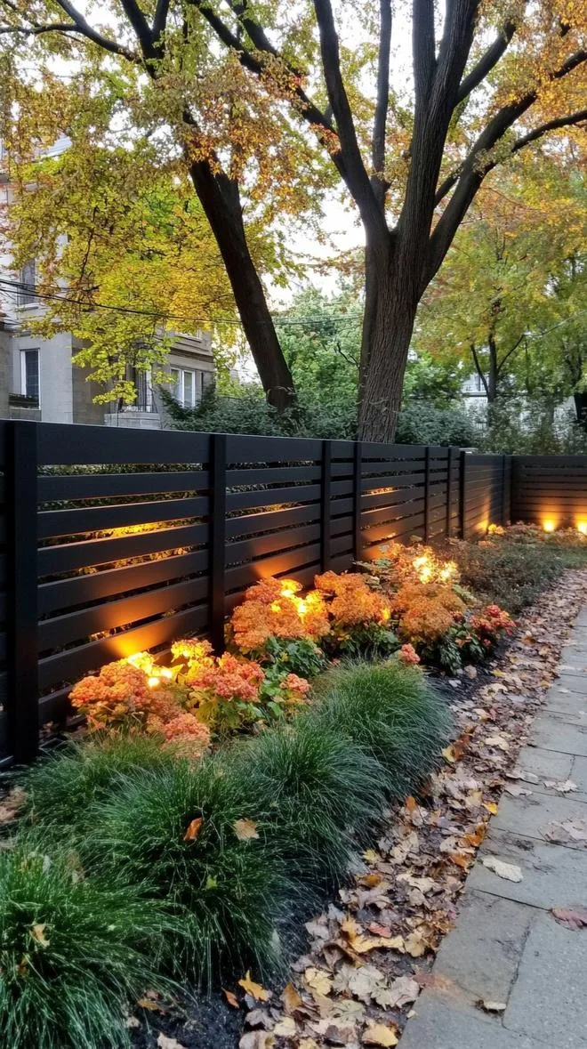 4. Black horizontal slat fence with minimalist lighting-2