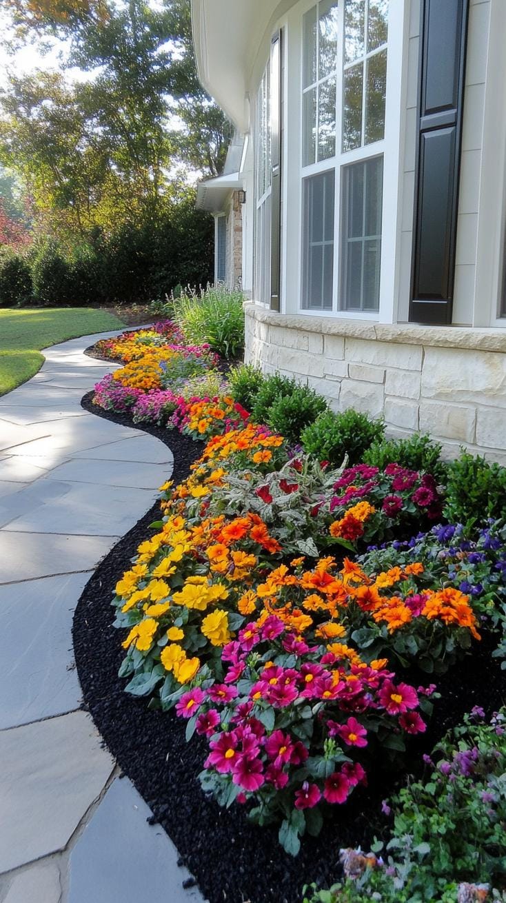 27 Charming Farmhouse Landscaping Ideas for a Beautiful Rustic Yard 53 19. Black mulch flowerbeds with clean geometric layout-0