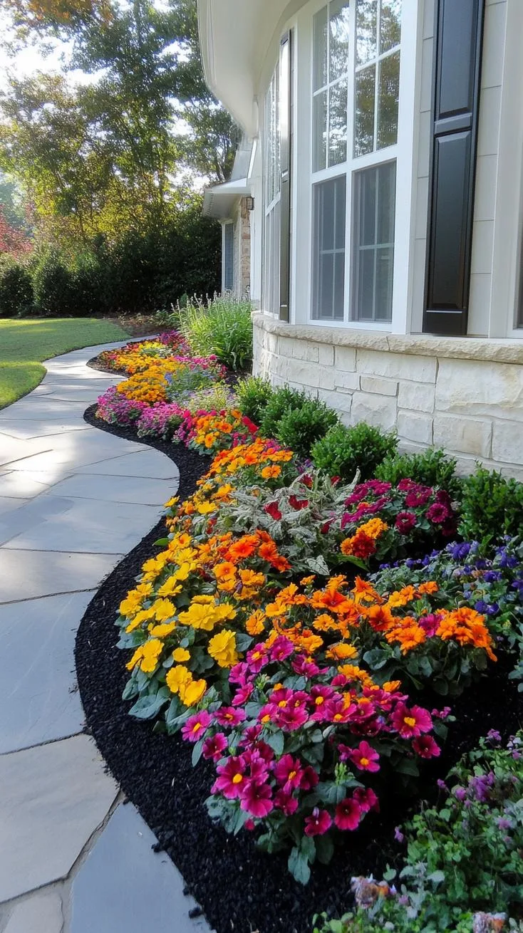 27 Charming Farmhouse Landscaping Ideas for a Beautiful Rustic Yard 52 19. Black mulch flowerbeds with clean geometric layout-0