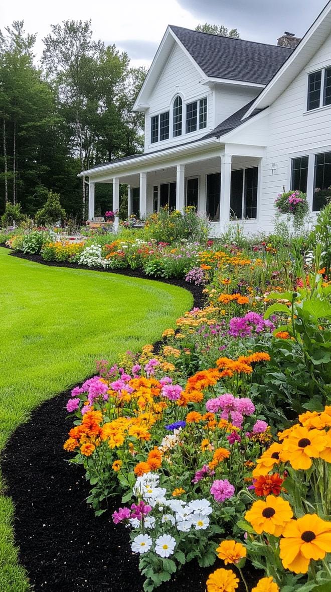 27 Charming Farmhouse Landscaping Ideas for a Beautiful Rustic Yard 54 19. Black mulch flowerbeds with clean geometric layout-1