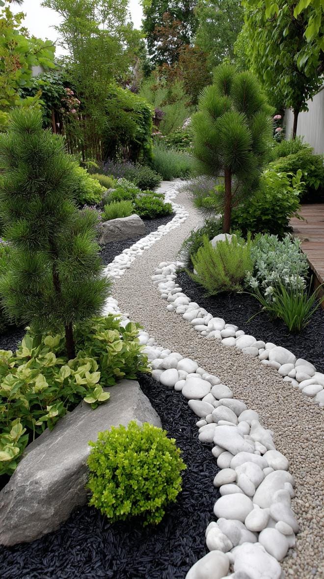 31 Rock Garden Ideas That Transform Any Outdoor Space 94 19. Black mulch path with white stone swirl border-0