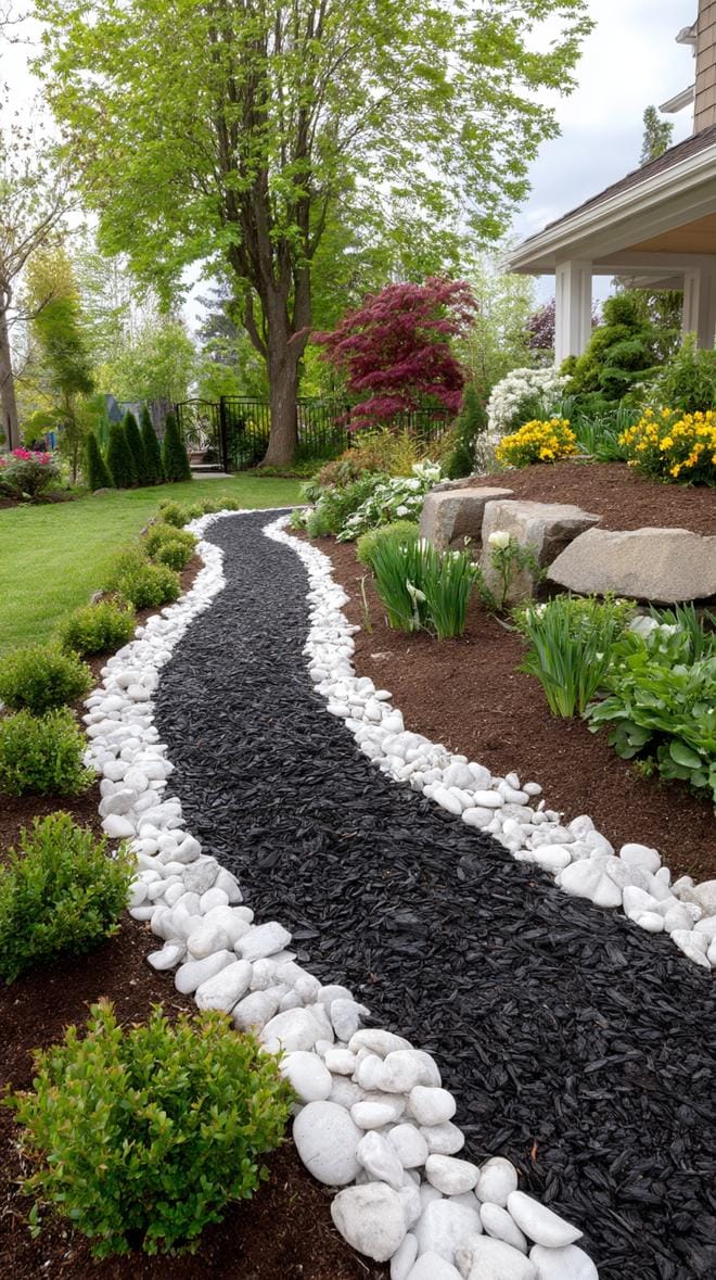 31 Rock Garden Ideas That Transform Any Outdoor Space 95 19. Black mulch path with white stone swirl border-1
