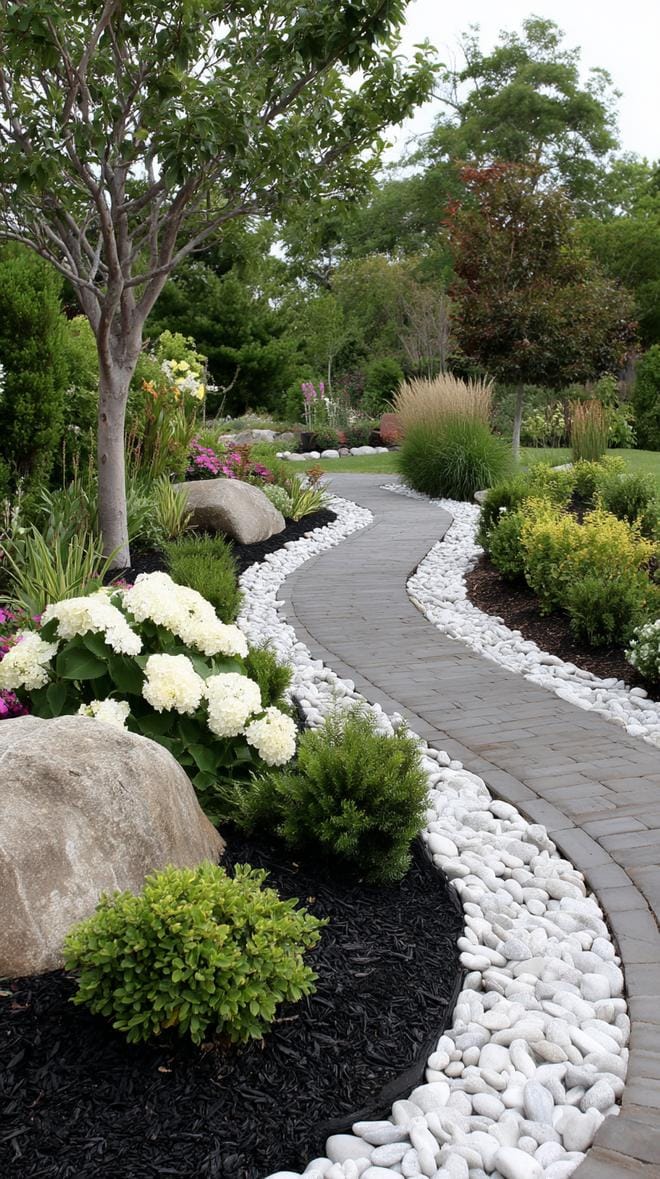 31 Rock Garden Ideas That Transform Any Outdoor Space 98 19. Black mulch path with white stone swirl border-2