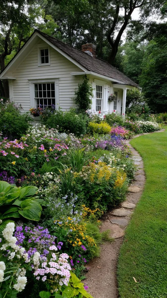 35 Dreamy Cottage Garden Ideas for Timeless Charm 38 16. Bloom-filled border path wrapping around house-0