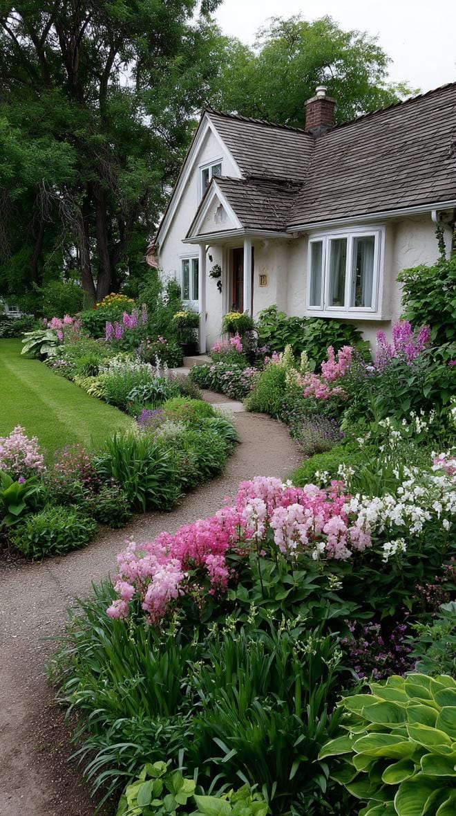 35 Dreamy Cottage Garden Ideas for Timeless Charm 40 16. Bloom-filled border path wrapping around house-1