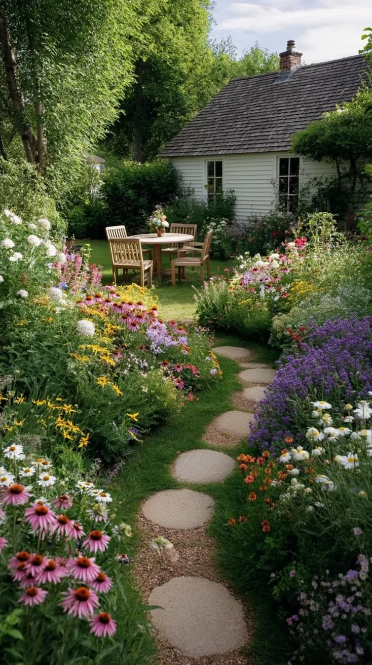 35 Dreamy Cottage Garden Ideas for Timeless Charm 40 16. Bloom-filled border path wrapping around house-2