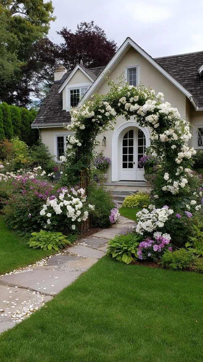 35 Dreamy Cottage Garden Ideas for Timeless Charm 45 18. Blooming arch pergola leading to back lawn-1