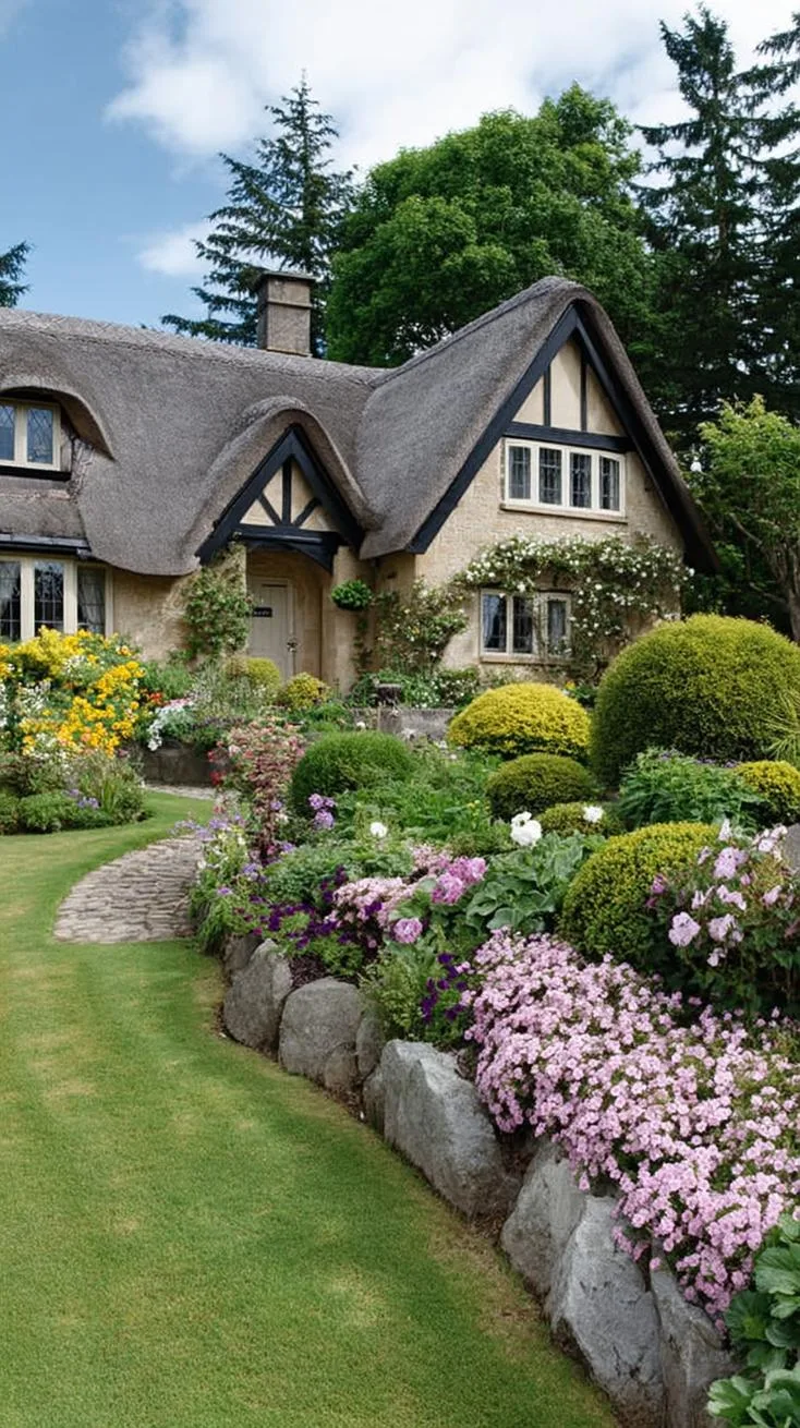 35 Dreamy Cottage Garden Ideas for Timeless Charm 80 34. Blooming garden wall under mossy roof eaves-1