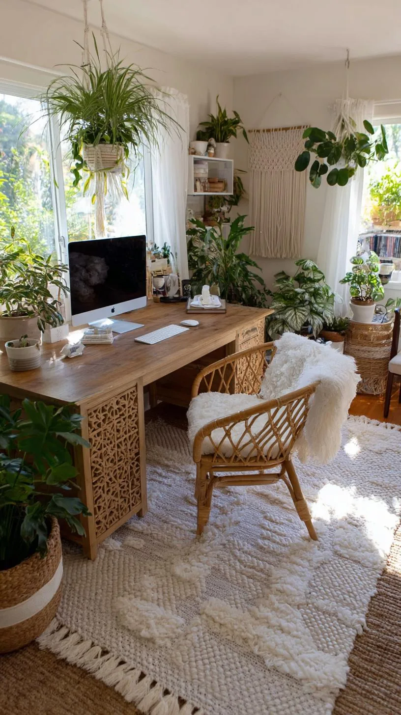 8. Boho home office with rattan chair and woven rugs-0