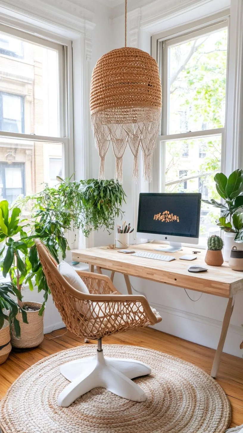 8. Boho home office with rattan chair and woven rugs-1
