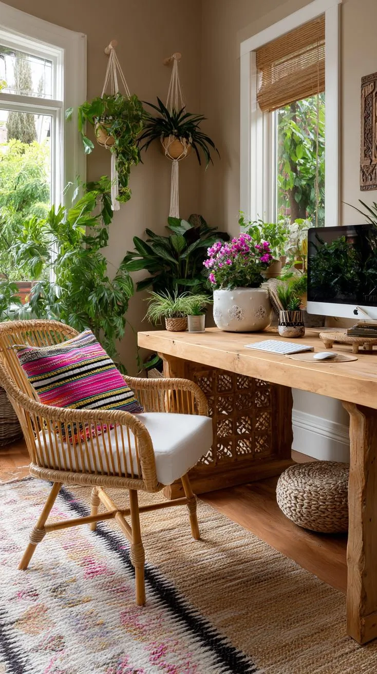 8. Boho home office with rattan chair and woven rugs-2