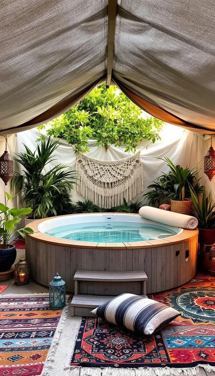 31 Best Hot Tub Ideas for the Ultimate Backyard Escape 139 25. Boho hot tub retreat with rugs and lanterns-0