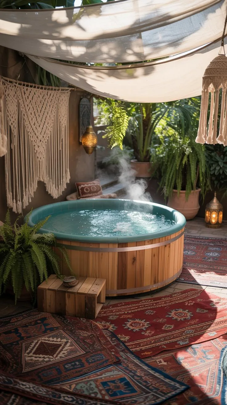 31 Best Hot Tub Ideas for the Ultimate Backyard Escape 140 25. Boho hot tub retreat with rugs and lanterns-1