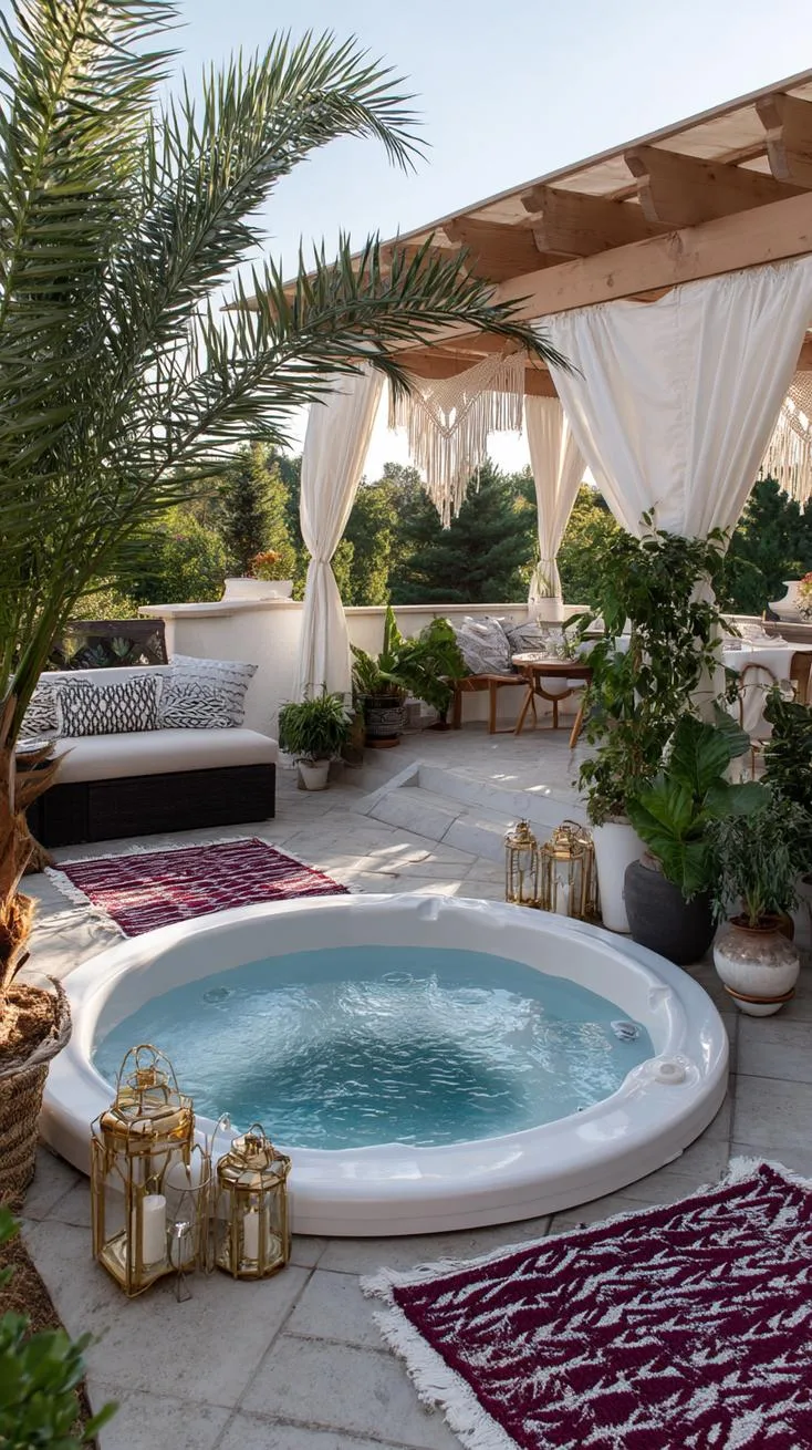 31 Best Hot Tub Ideas for the Ultimate Backyard Escape 141 25. Boho hot tub retreat with rugs and lanterns-2
