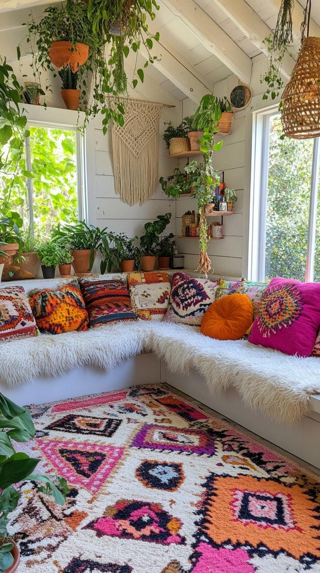 5. Boho-inspired shed with layered rugs and macrame décor-0