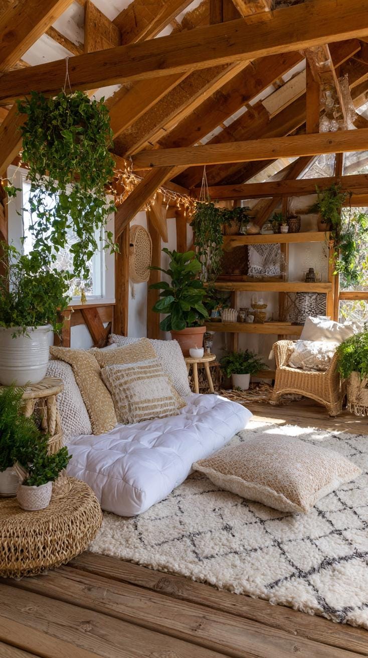 5. Boho-inspired shed with layered rugs and macrame décor-1