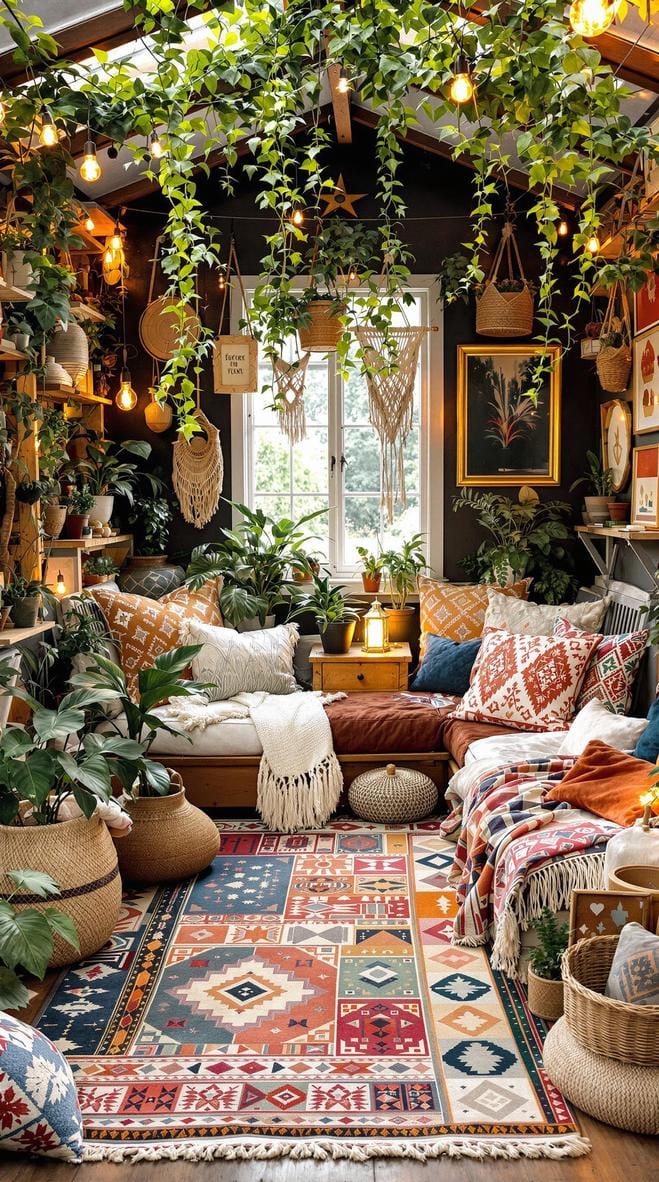5. Boho-inspired shed with layered rugs and macrame décor-2
