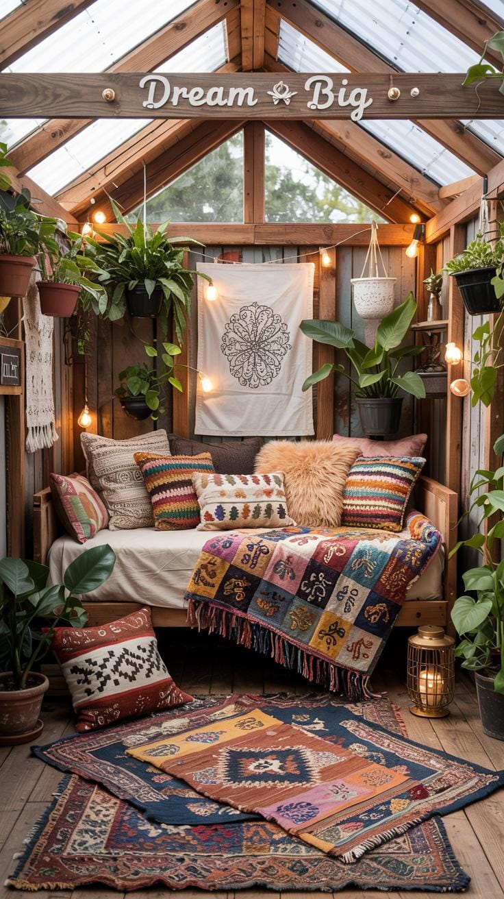 5. Boho-inspired shed with layered rugs and macrame décor-3