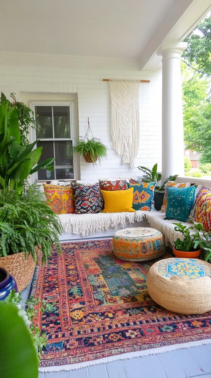7. Boho style porch with bold pillows and vintage rugs-0