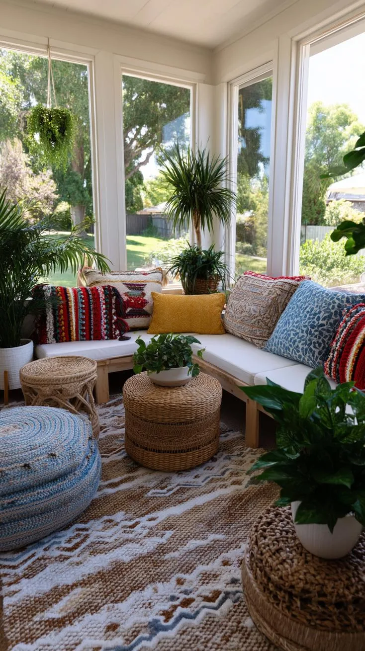 7. Boho style porch with bold pillows and vintage rugs-1