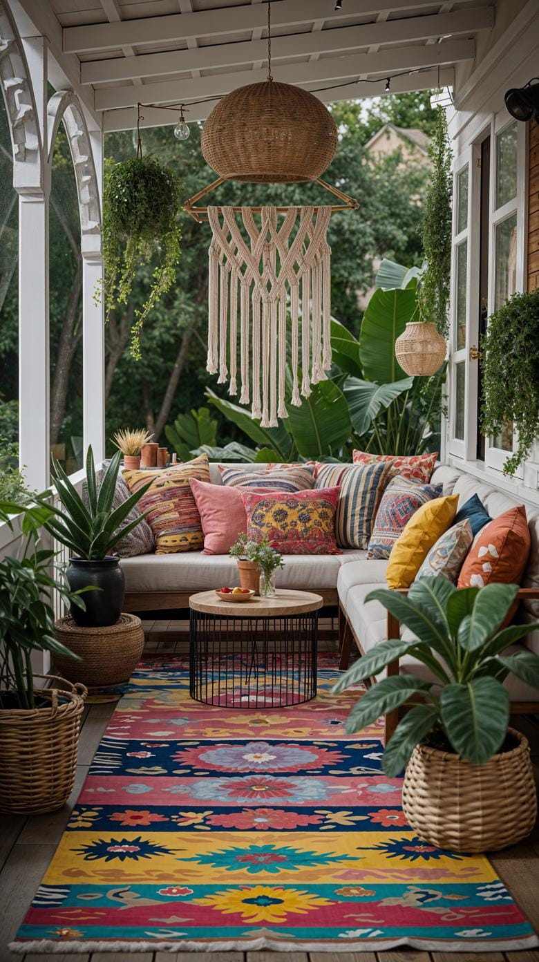 7. Boho style porch with bold pillows and vintage rugs-2