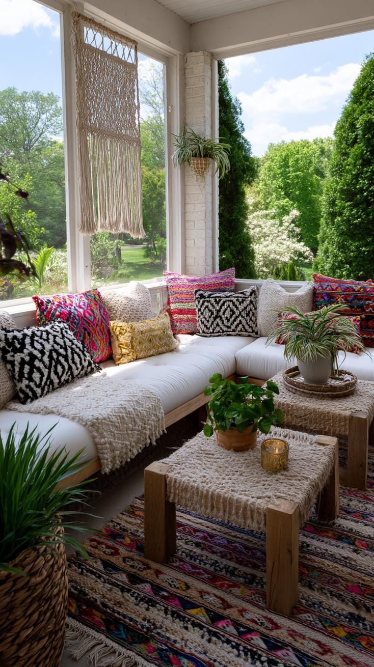 7. Boho style porch with bold pillows and vintage rugs-3