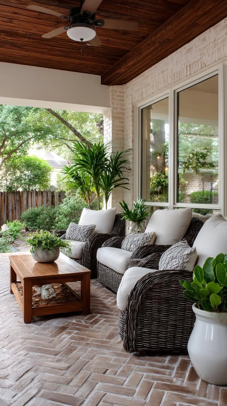26. Brick-floor enclosed porch with ceiling fan and recliners-0