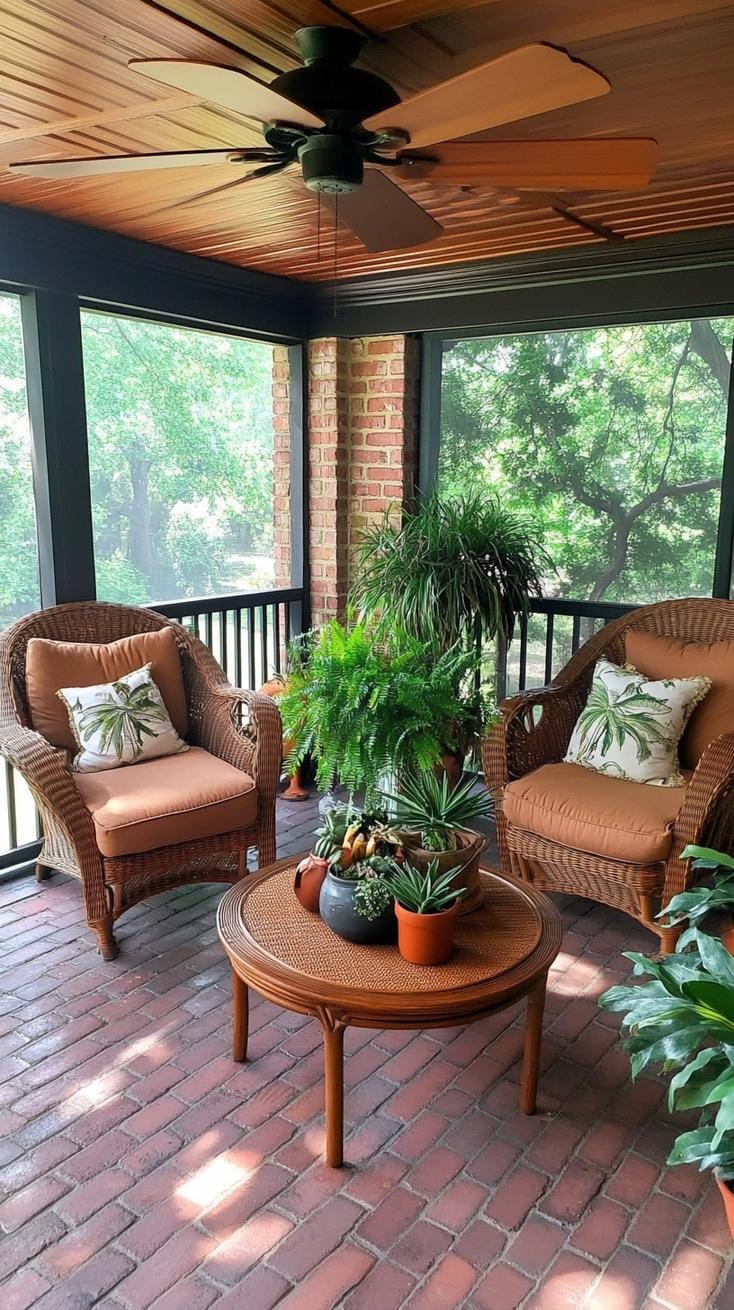 26. Brick-floor enclosed porch with ceiling fan and recliners-1