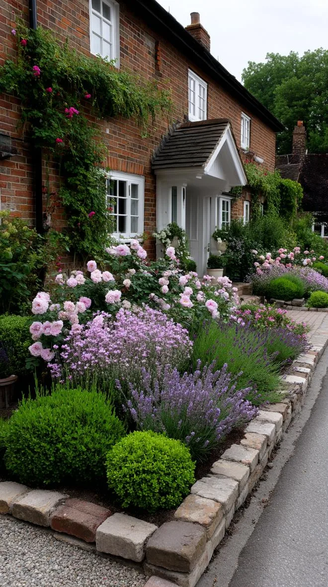 19. Brick-raised flower beds with lush vintage blooms-0