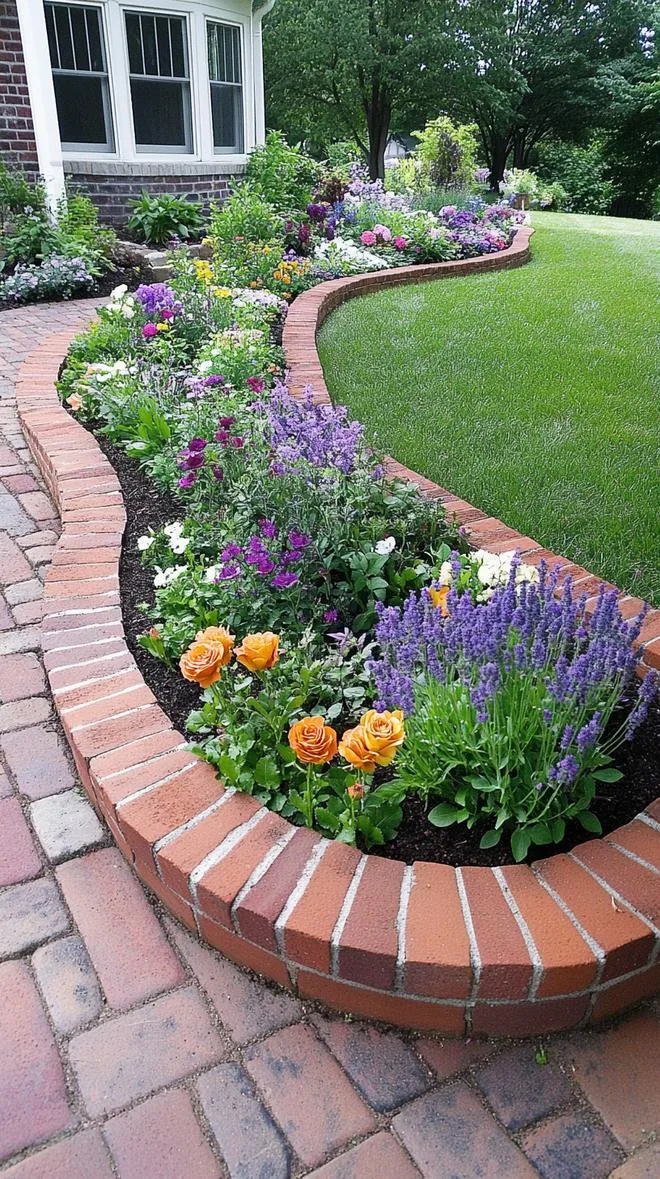 19. Brick-raised flower beds with lush vintage blooms-1