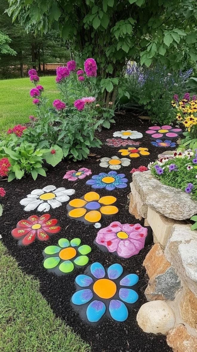 31 Rock Garden Ideas That Transform Any Outdoor Space 78 15. Bright painted rocks forming garden flowers-1