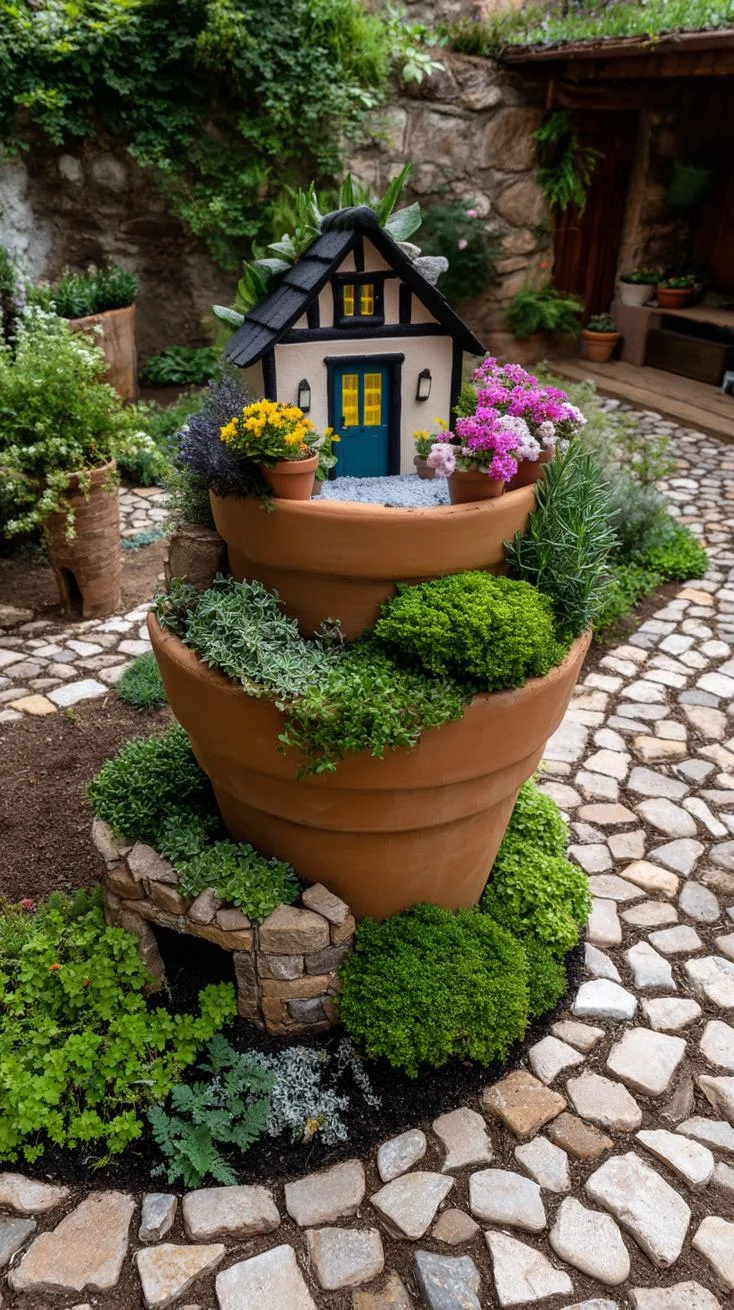 11. Broken pot spiral fairy garden with stone path-0