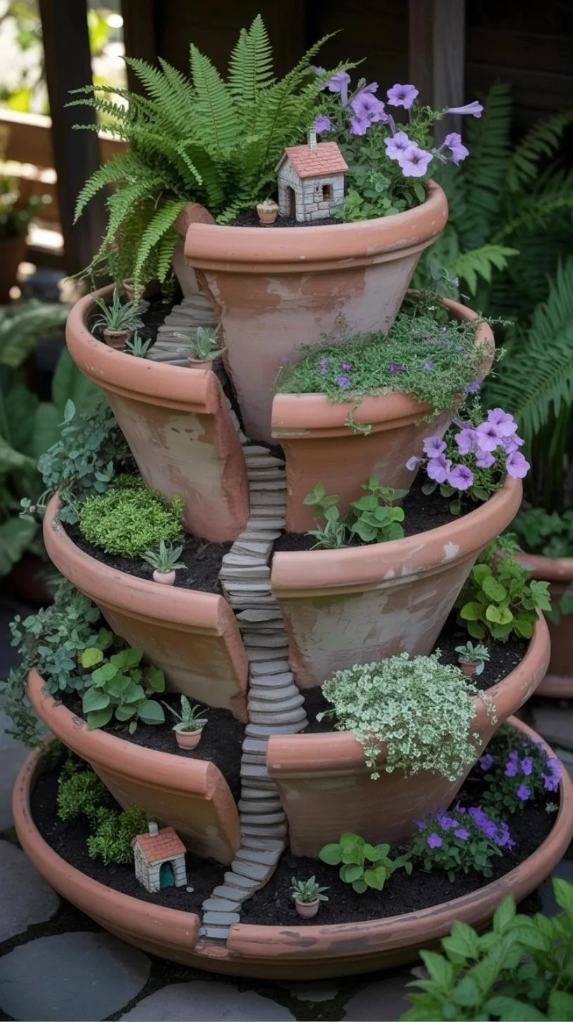 11. Broken pot spiral fairy garden with stone path-1