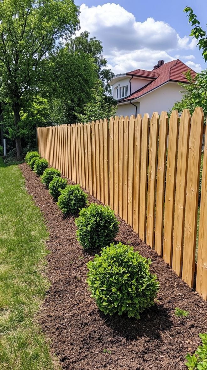 35 Unique Privacy Fence Ideas for a More Private Backyard 23 8. Budget vertical wood fence with small shrubs-1