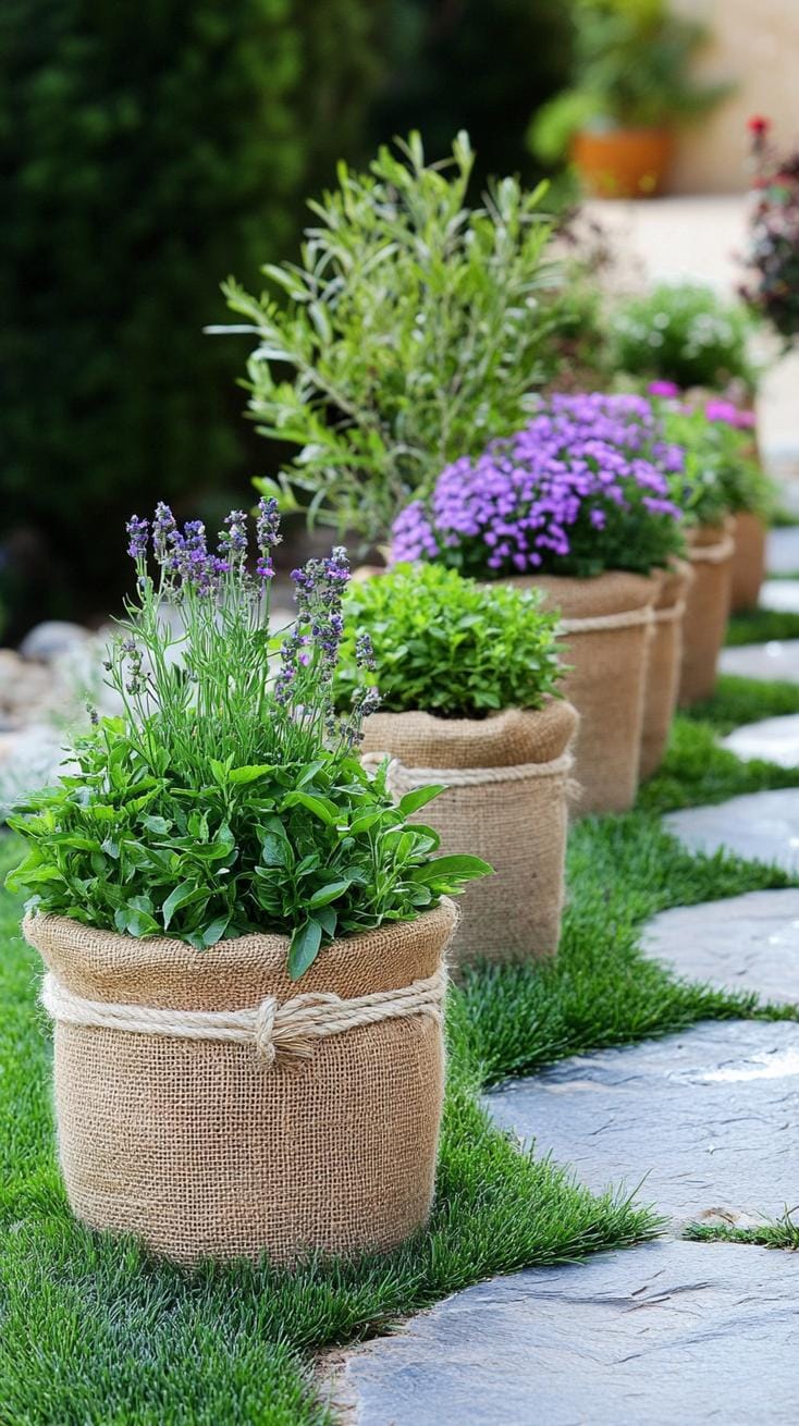 25 Rustic Farmhouse Garden Decor Ideas You Must See 41 21. Burlap wrapped pots arranged along stone pathways-0
