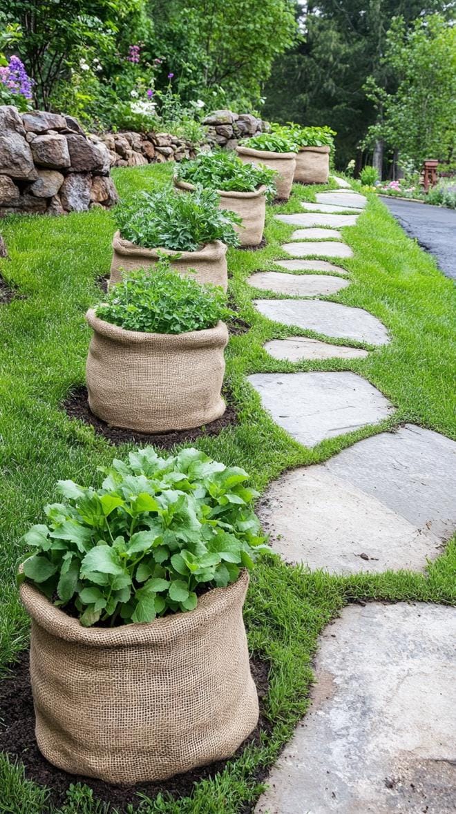 25 Rustic Farmhouse Garden Decor Ideas You Must See 42 21. Burlap wrapped pots arranged along stone pathways-1