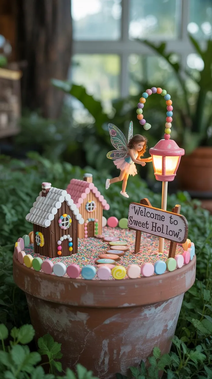 29. Candyland-themed fairy garden with colorful decor-0