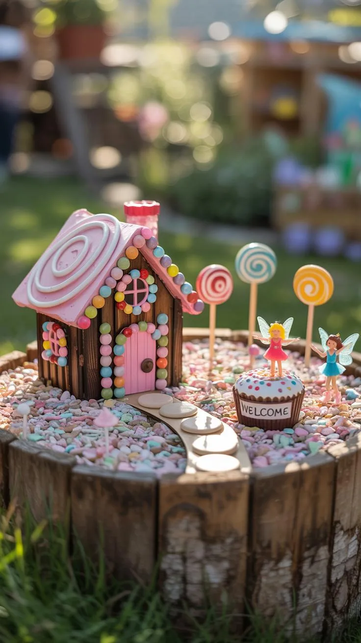 29. Candyland-themed fairy garden with colorful decor-1