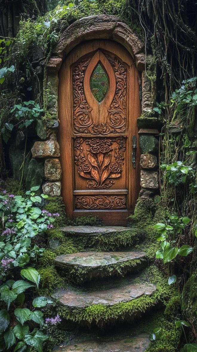 25 Magical Secret Garden Ideas to Create Your Own Hidden Oasis 8 3. Carved fairytale door with mossy stone steps-0