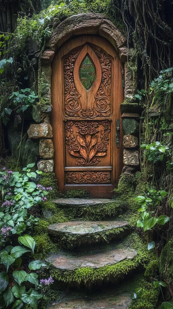 3. Carved fairytale door with mossy stone steps-0