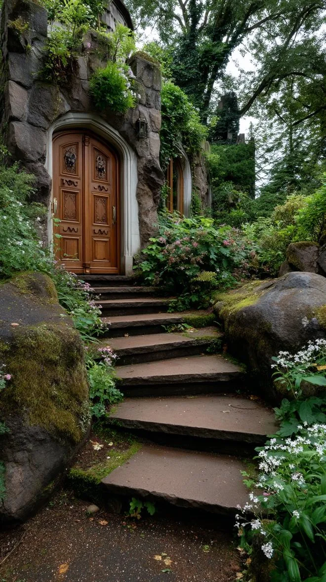 3. Carved fairytale door with mossy stone steps-1