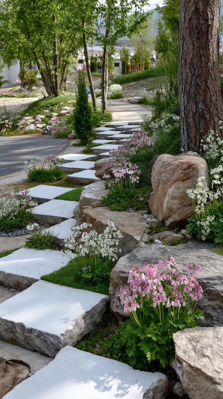 31 Rock Garden Ideas That Transform Any Outdoor Space 129 27. Checkerboard rock path with flower accents-0