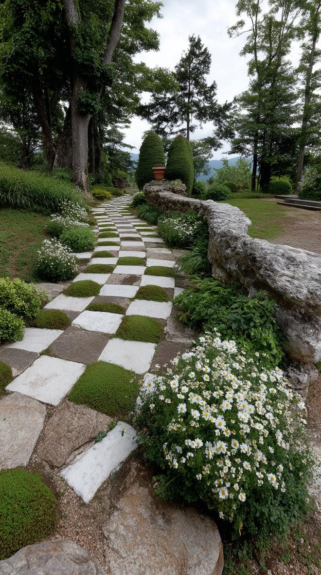 31 Rock Garden Ideas That Transform Any Outdoor Space 130 27. Checkerboard rock path with flower accents-1
