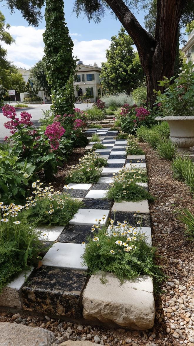 31 Rock Garden Ideas That Transform Any Outdoor Space 133 27. Checkerboard rock path with flower accents-2