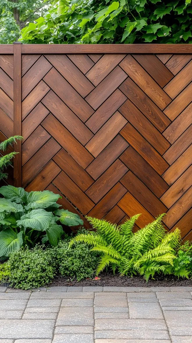 10. Chevron pattern wooden privacy wall with plants-0